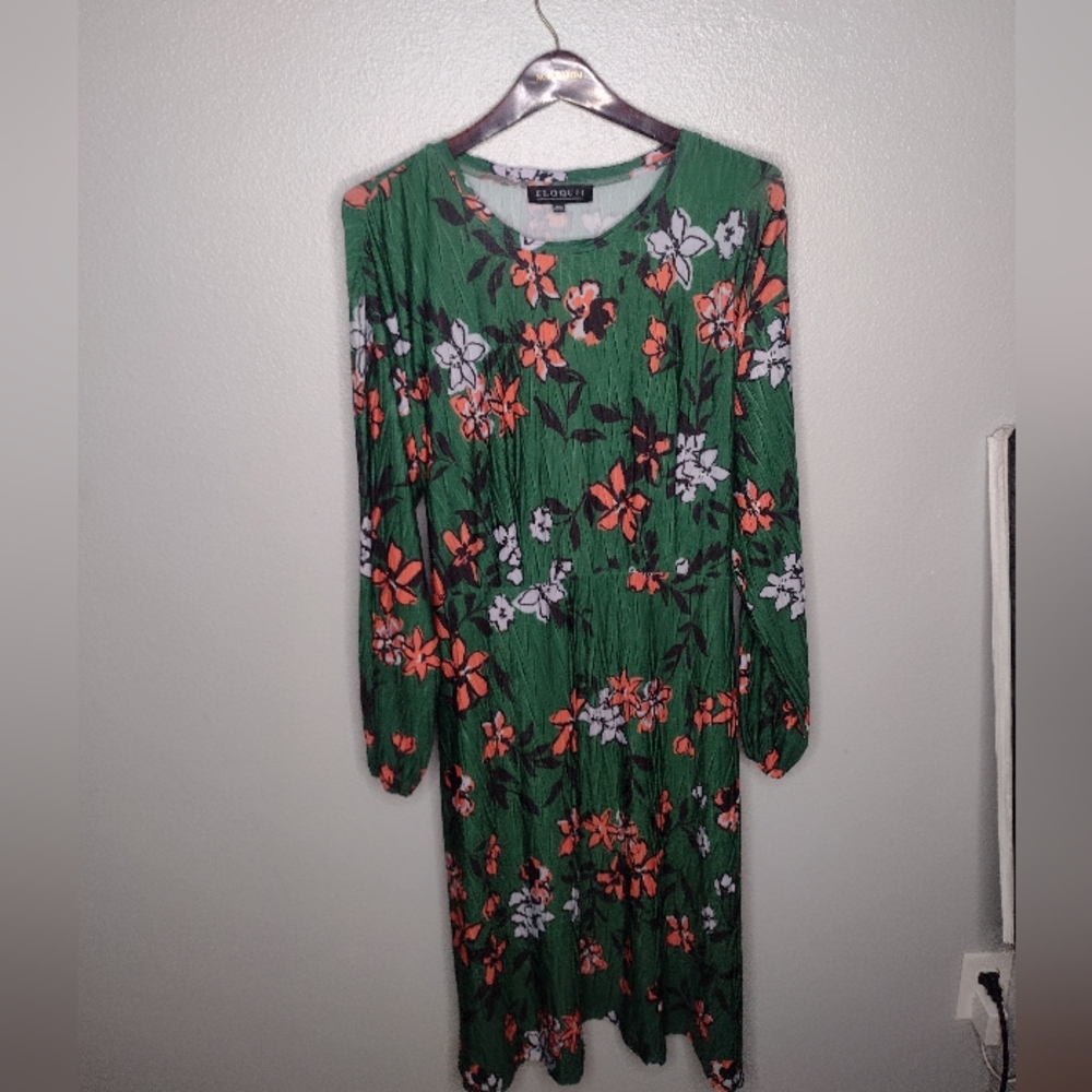 Eloquii Women's Floral Maxi Dress 14/16 Green Floral Long Sleeve Crinkle A12